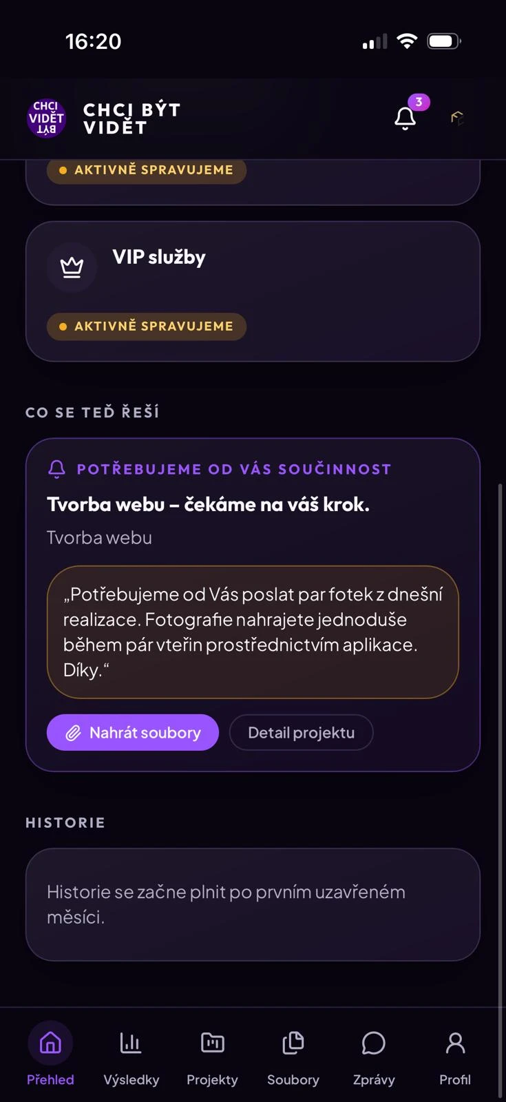 Požadavky a součinnost v klientské aplikaci CHCI BÝT VIDĚT
