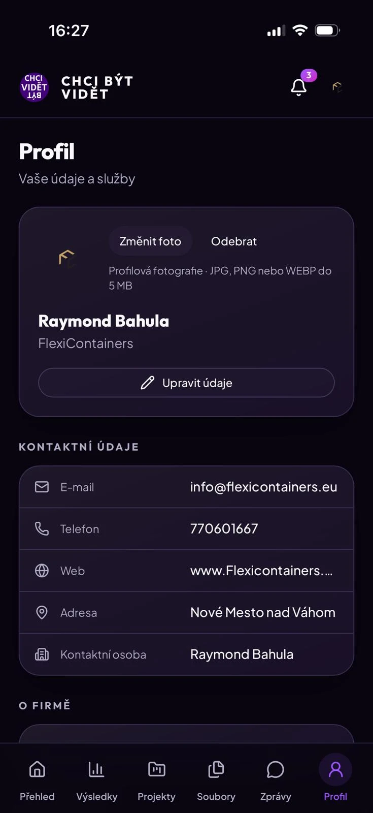 Profil klienta v aplikaci CHCI BÝT VIDĚT